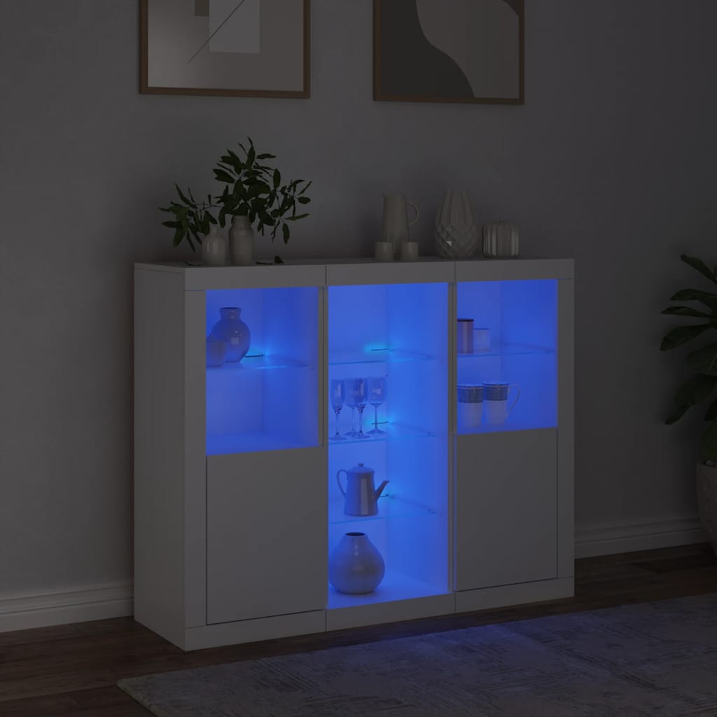 Aparadores c/ luzes LED 3 pcs derivados de madeira branco