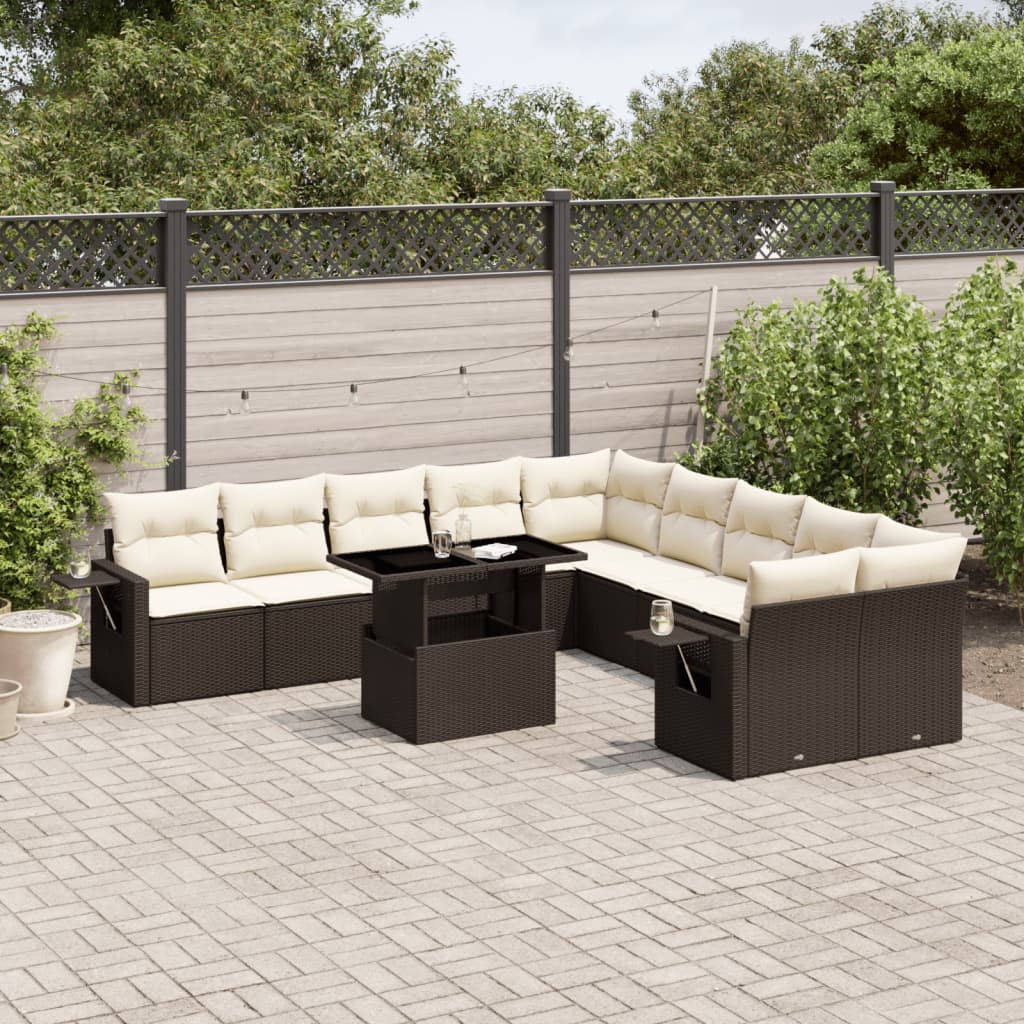 11 Pcs conjunto sofás de jardim c/ almofadões vime PE castanho