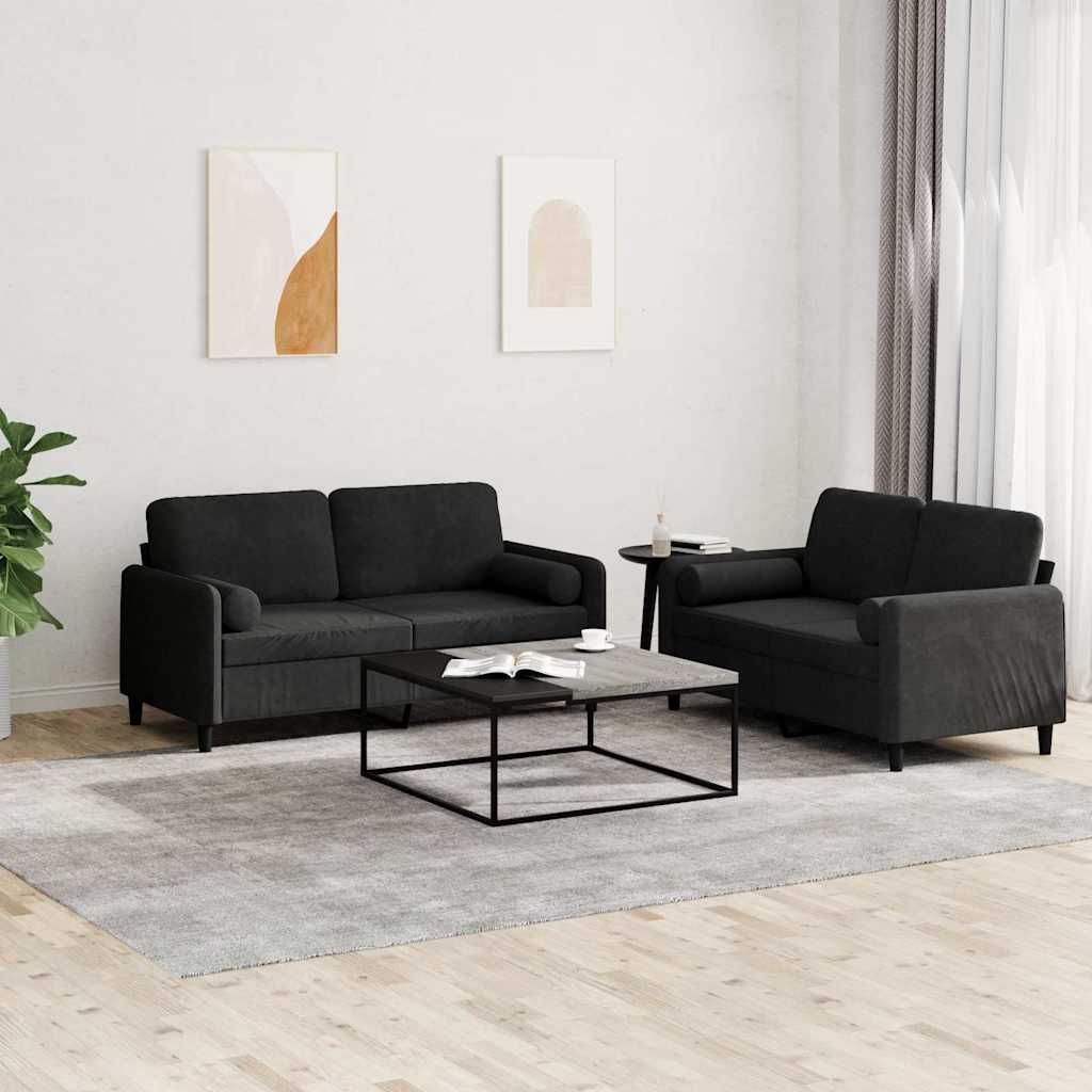 2 Pcs conjunto de sofás com almofadas veludo preto