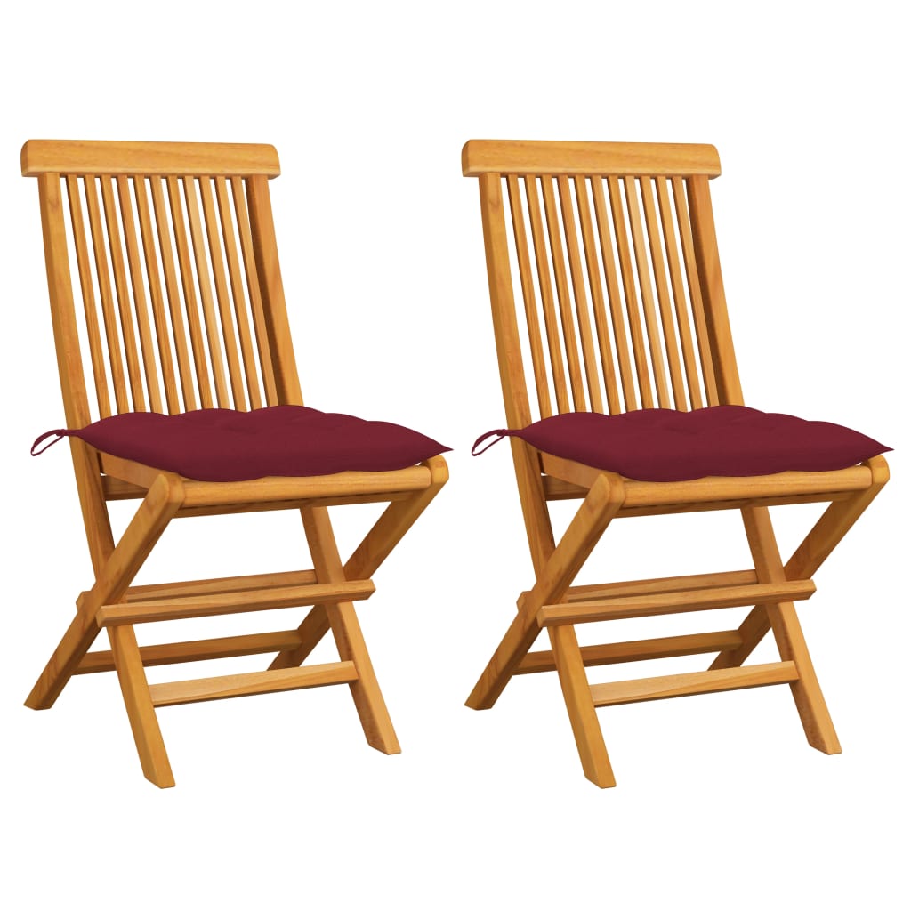 Cadeiras jardim c/ almofadões vermelho tinto 2 pcs teca maciça