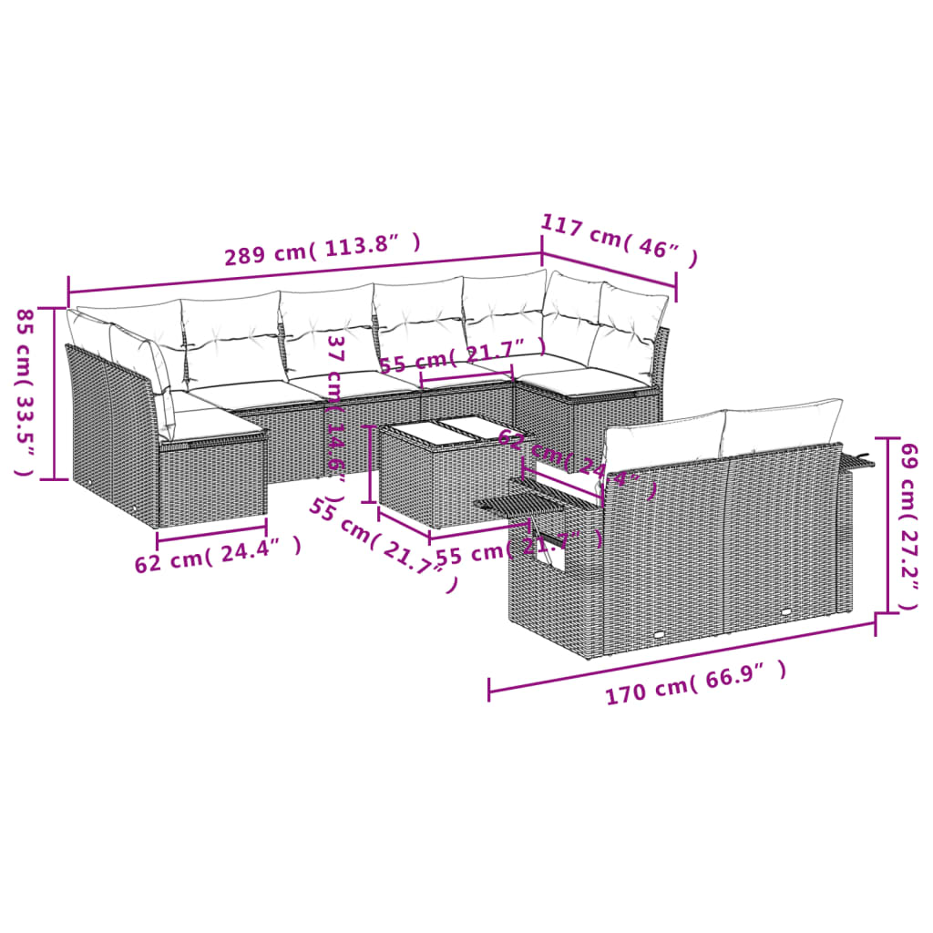 10 Pcs conjunto sofás de jardim c/ almofadões vime PE preto