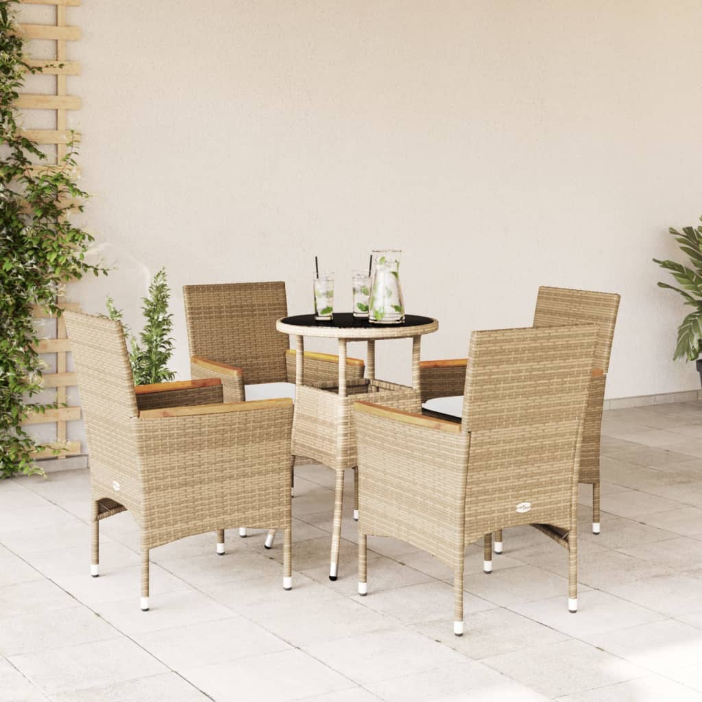 5 Pcs conjunto jantar jardim com almofadões vime PE/vidro bege