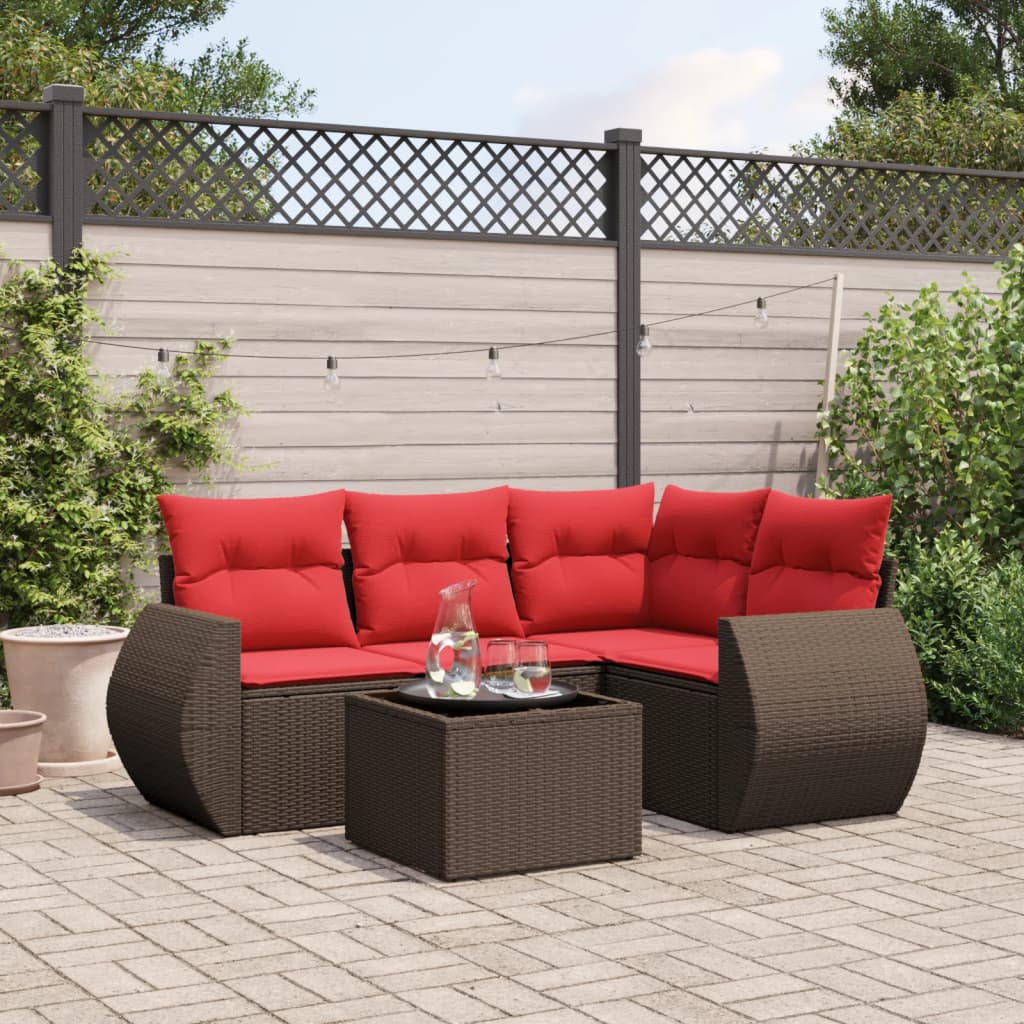 Conjunto de sofá de jardim de 5 peças com almofadas em rattan sintético marrom