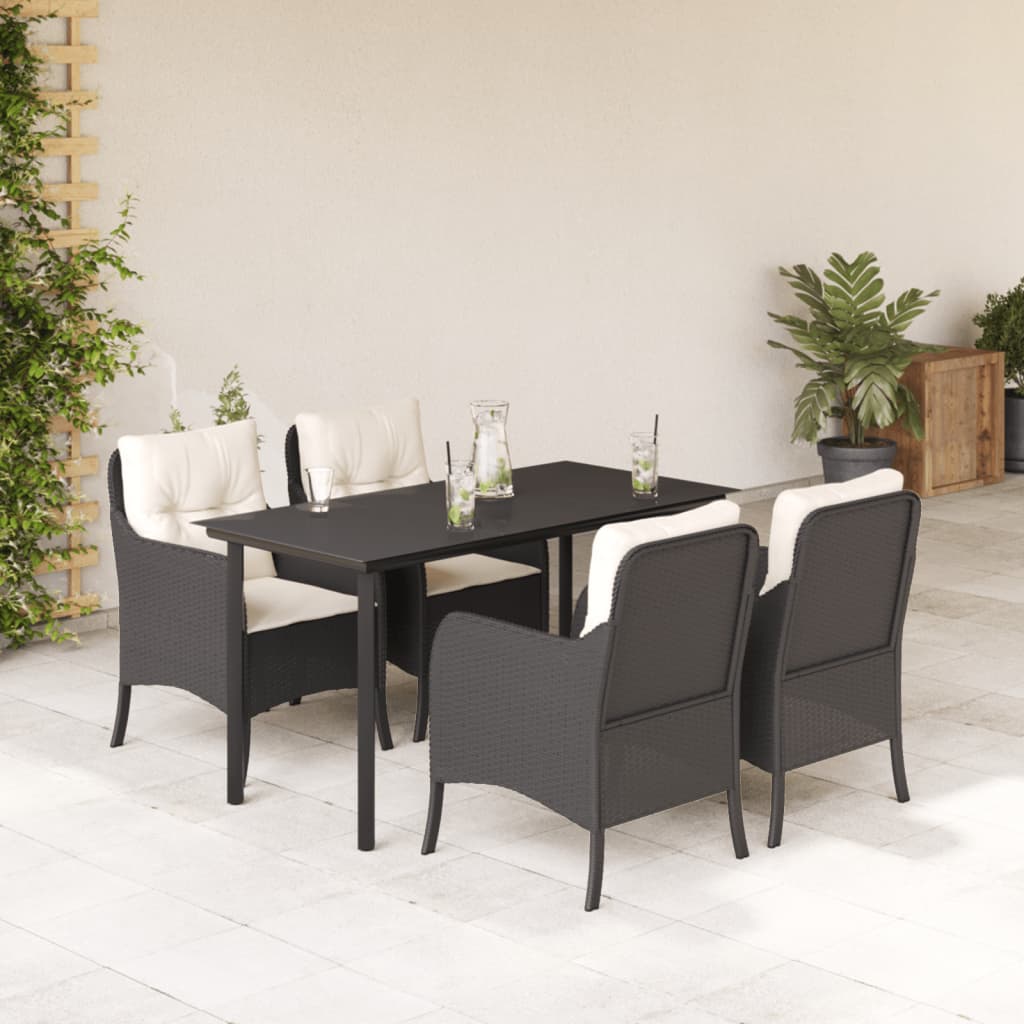 5 Pcs conjunto de jantar p/ jardim c/ almofadões vime PE preto
