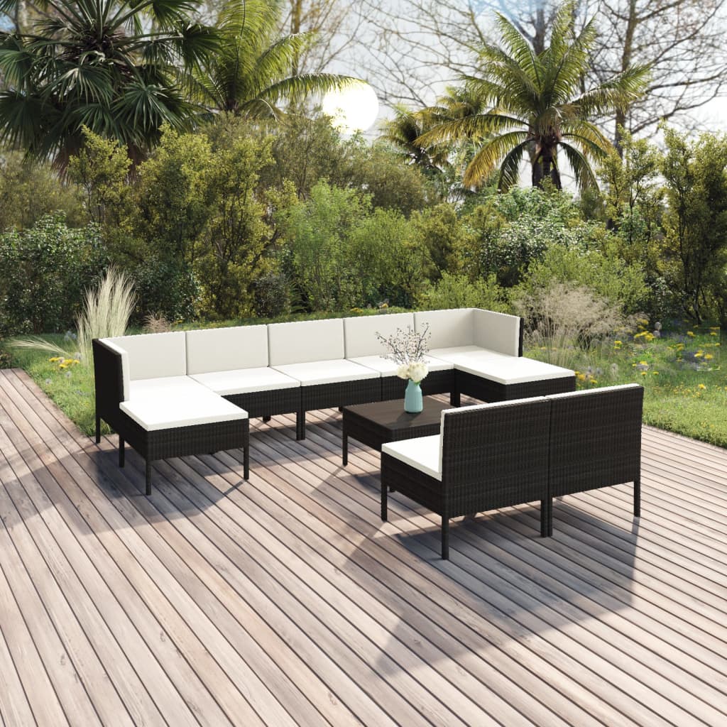 10 Pcs conjunto lounge de jardim c/ almofadões vime PE preto