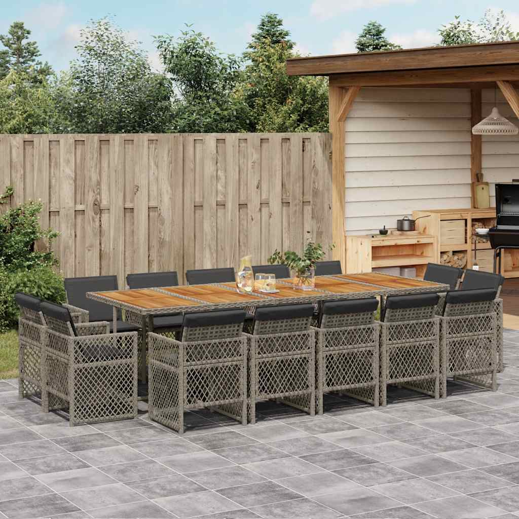 15 Pcs conjunto jantar p/ jardim c/ almofadões vime PE cinzento