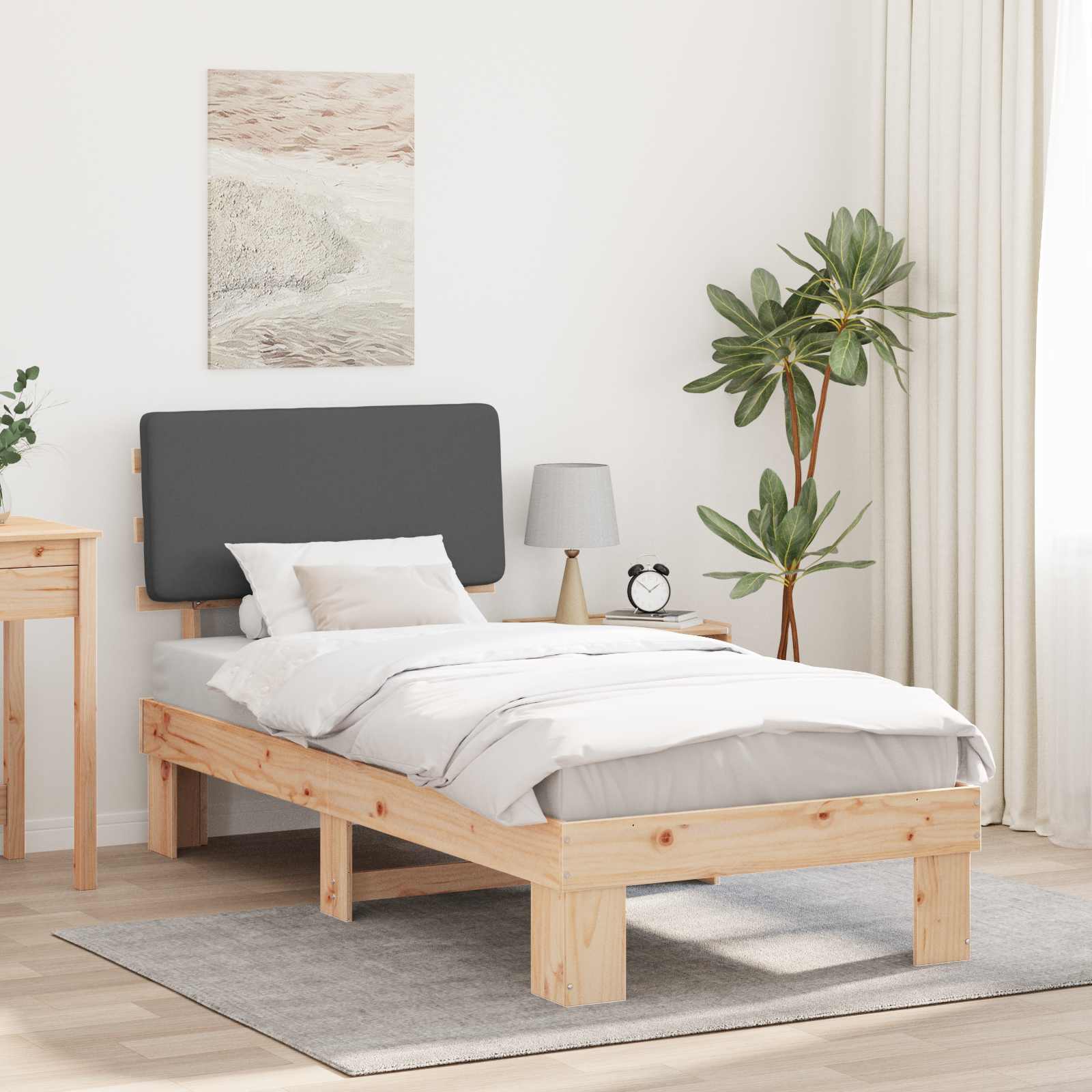 Estrutura de cama com cabeceira estofada cinza escuro