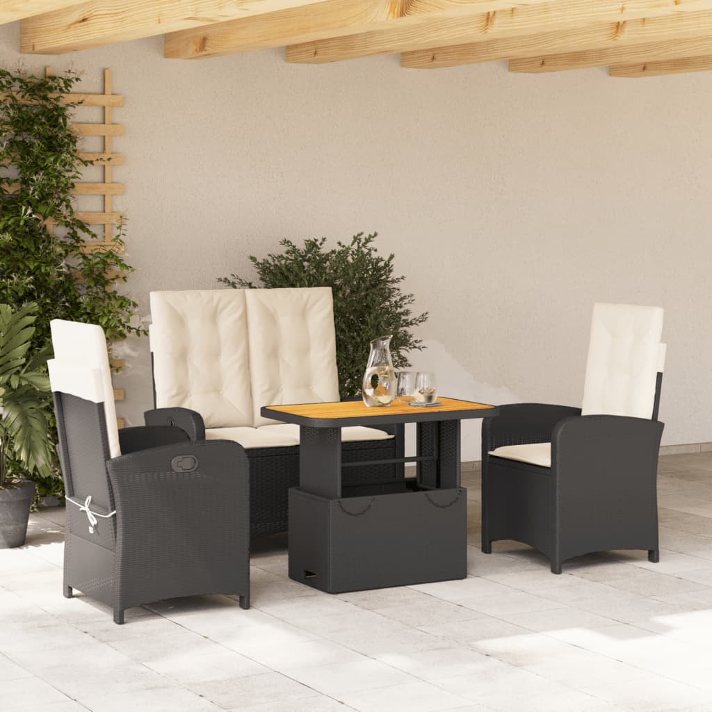 4 Pcs conjunto de jardim p/ jardim c/ almofadões vime PE preto