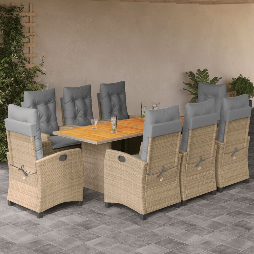 9 Pcs conj. jantar jardim c/ almofadões vime PE bege misturado