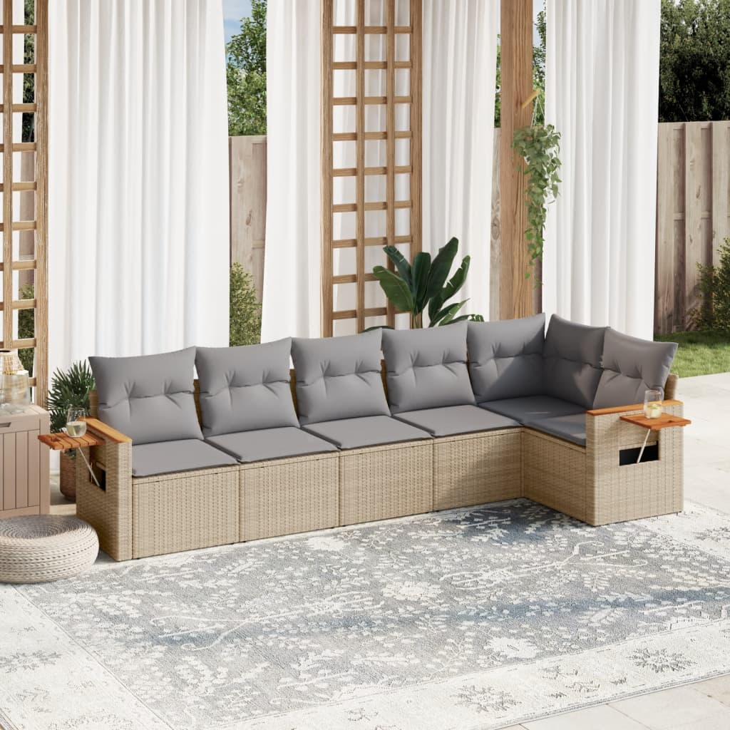 6 Pcs conjunto de sofás p/ jardim com almofadões vime PE bege