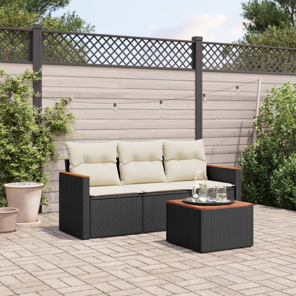 4 Pcs conjunto de sofás para jardim c/ almofadões vime PE preto