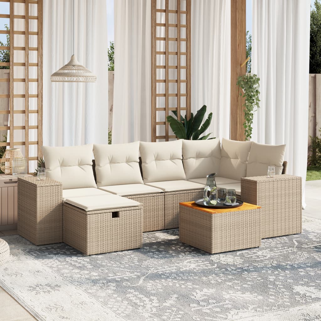 7 Pcs conjunto de sofás p/ jardim com almofadões vime PE bege