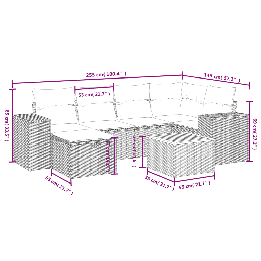 7 Pcs conjunto de sofás p/ jardim com almofadões vime PE bege