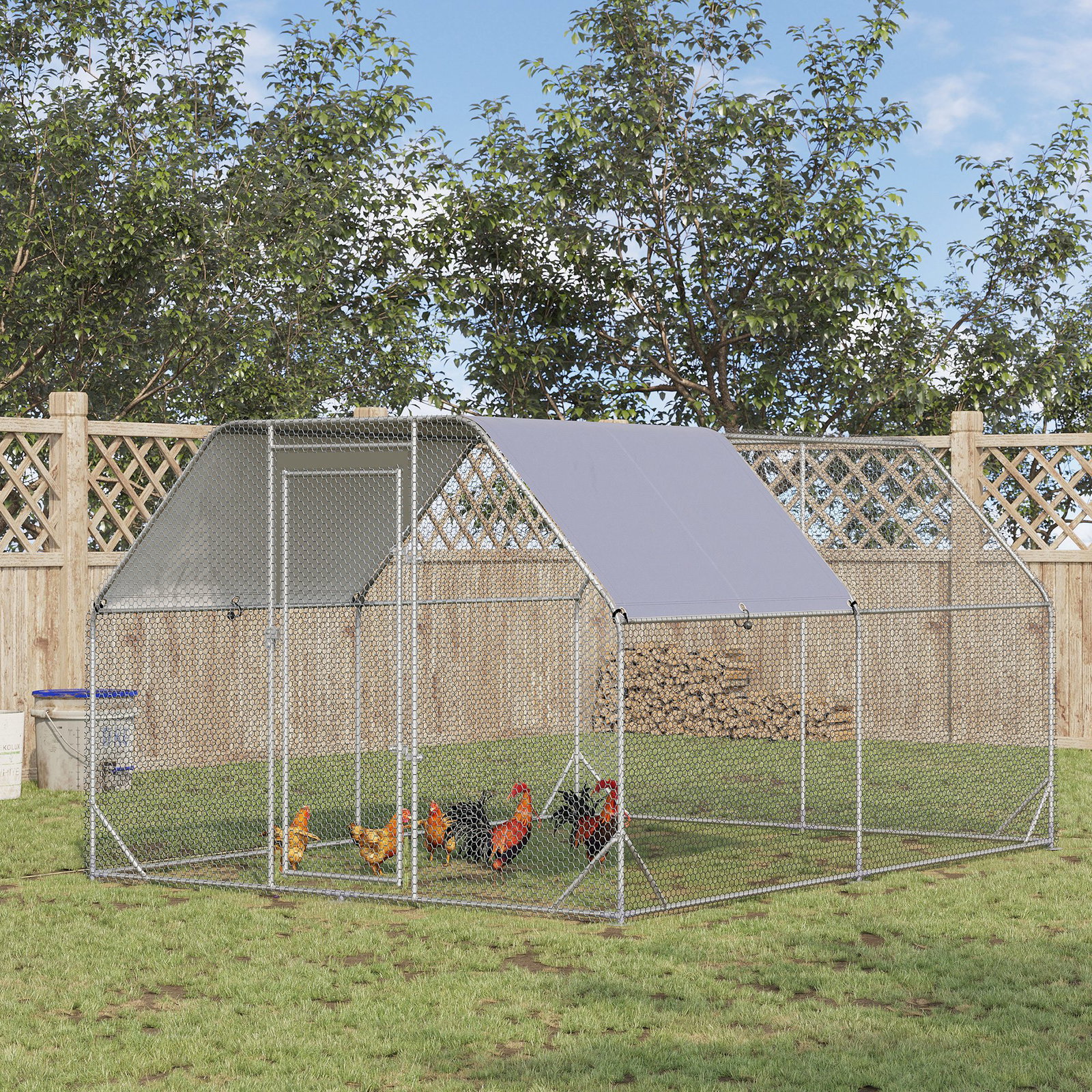 Galinheiro para exterior grande de aço galvanizado 280x380x195 cm gaiola para galinhas com cobertura de tecido oxford prata