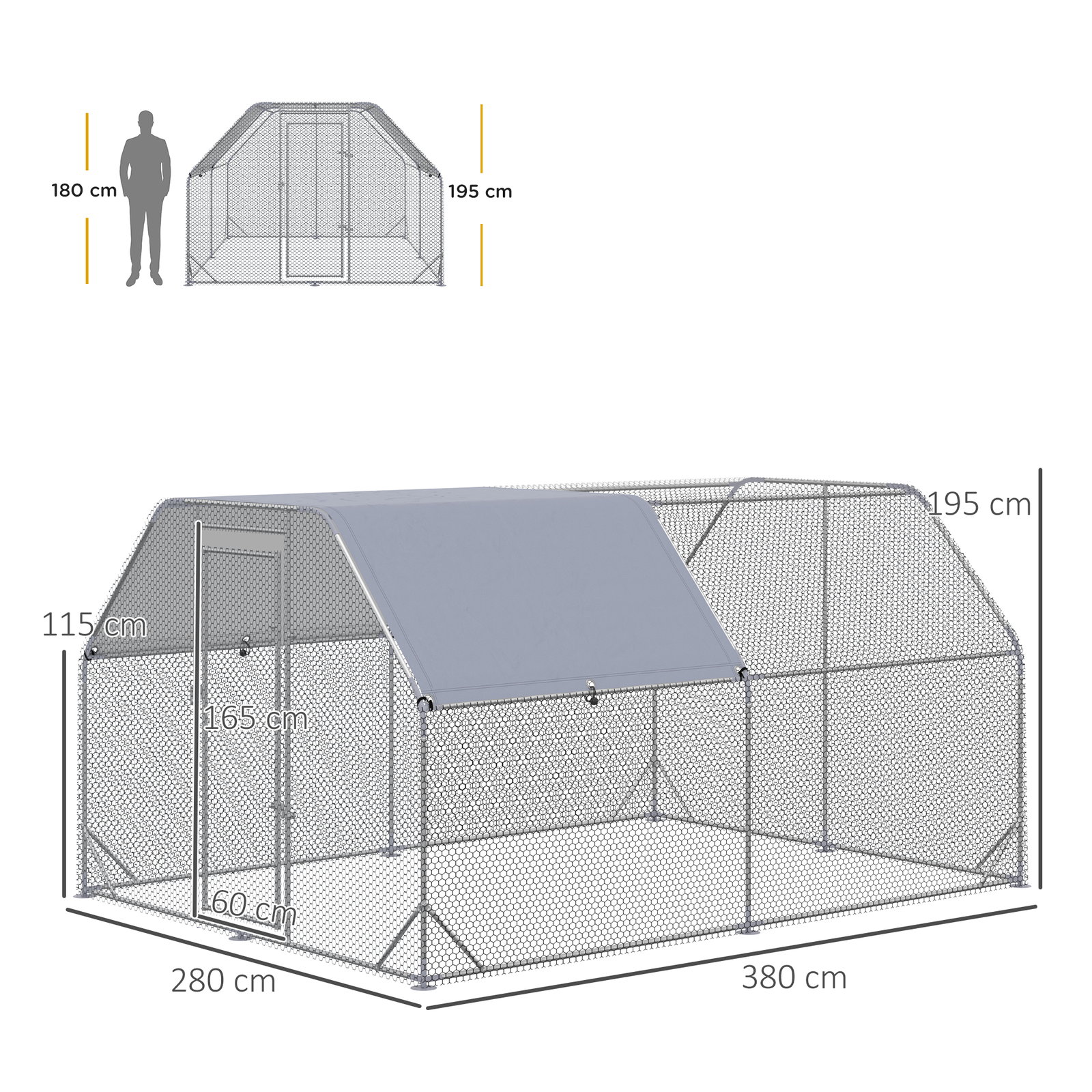 Galinheiro para exterior grande de aço galvanizado 280x380x195 cm gaiola para galinhas com cobertura de tecido oxford prata