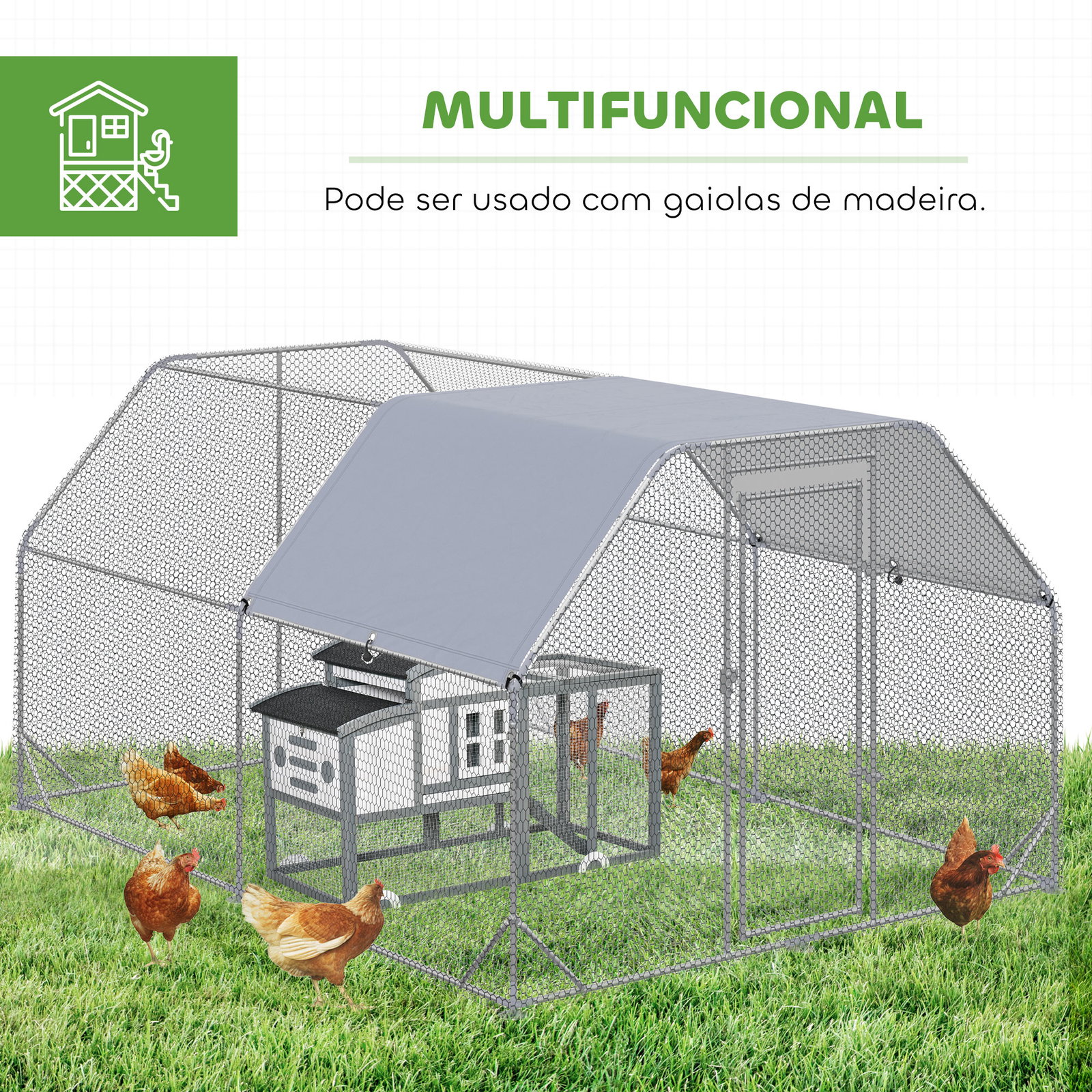 Galinheiro para exterior grande de aço galvanizado 280x380x195 cm gaiola para galinhas com cobertura de tecido oxford prata