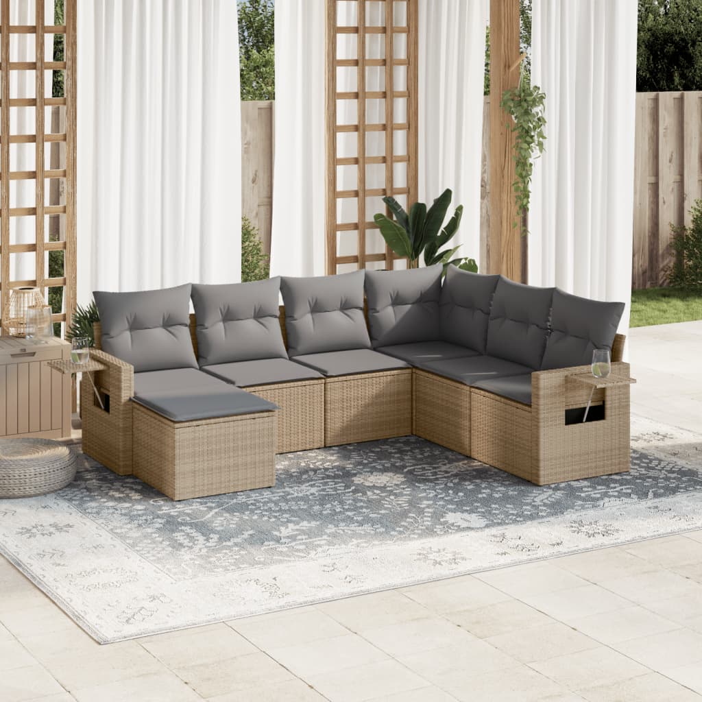 7 Pcs conjunto de sofás p/ jardim com almofadões vime PE bege