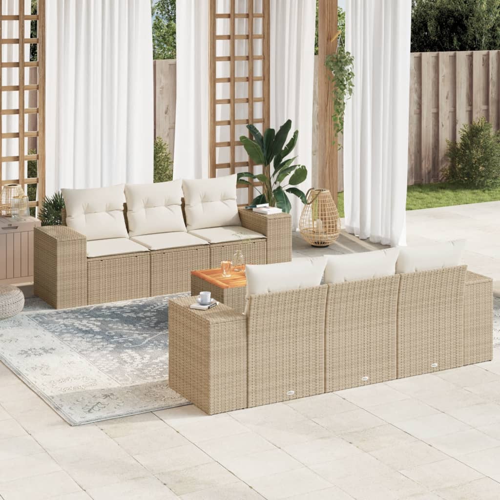 7 Pcs conjunto de sofás p/ jardim com almofadões vime PE bege