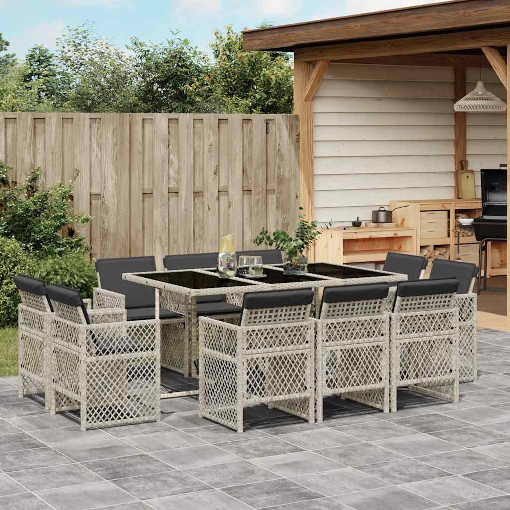 11 Pcs conjunto jantar p/ jardim c/ almofadões vime PE cinzento