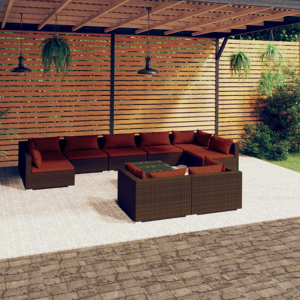 10 Pcs conjunto lounge jardim c/ almofadões vime PE castanho