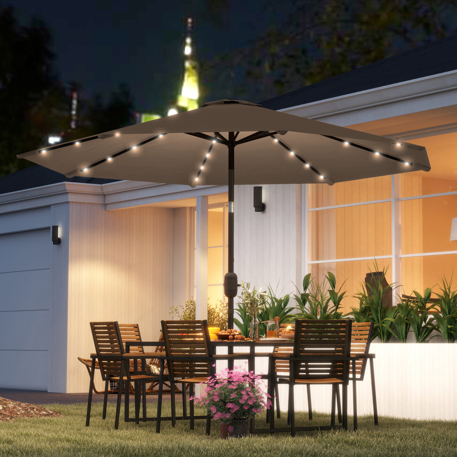 Chapéu de sol com 32 luzes LED solares ø265 cm inclinável com manivela e mastro de aço para terraço pátio e exterior cáqui
