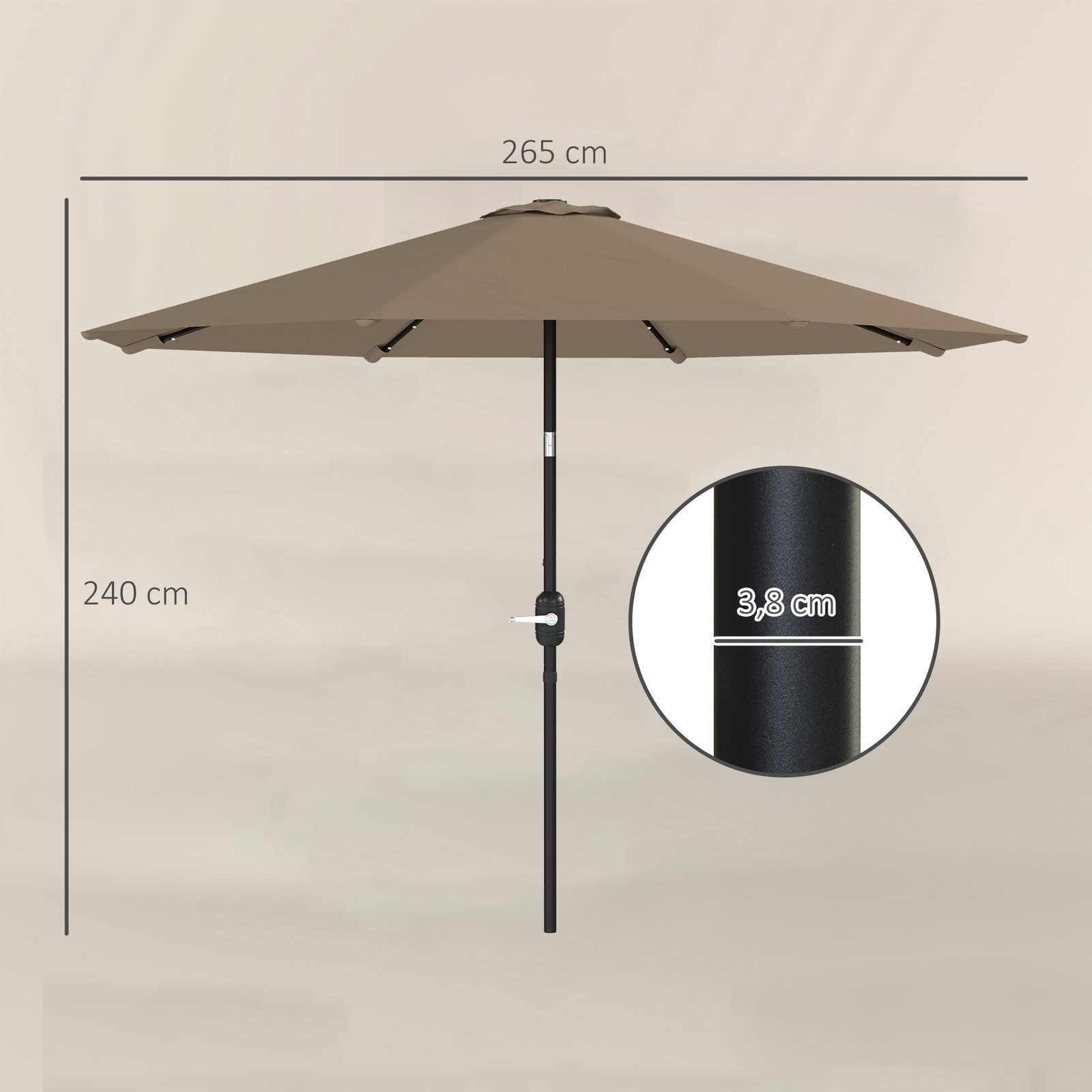 Chapéu de sol com 32 luzes LED solares ø265 cm inclinável com manivela e mastro de aço para terraço pátio e exterior cáqui