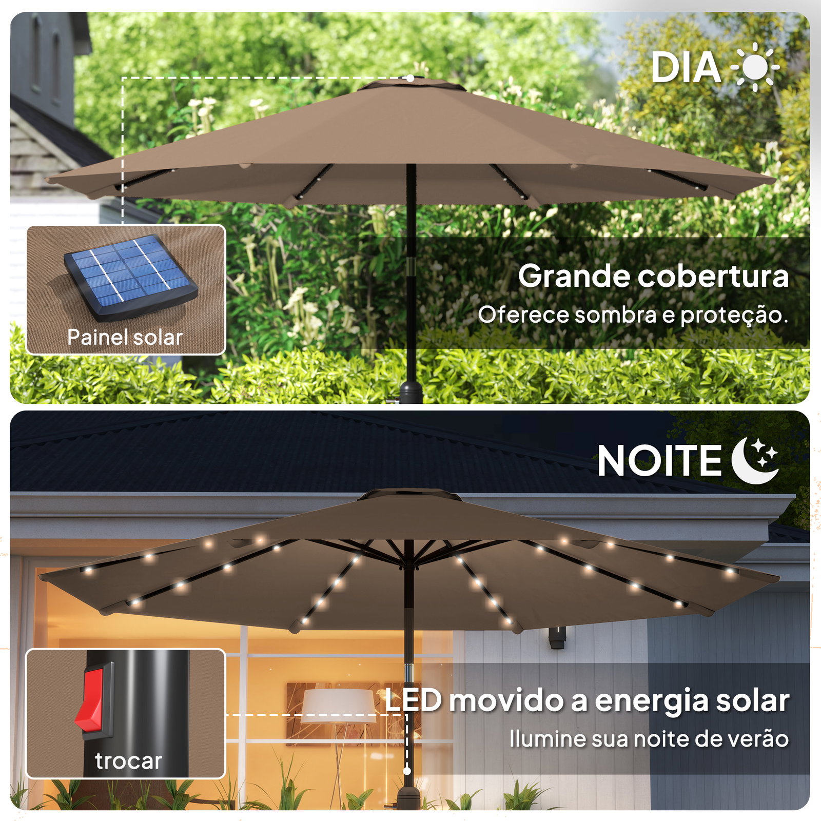 Chapéu de sol com 32 luzes LED solares ø265 cm inclinável com manivela e mastro de aço para terraço pátio e exterior cáqui