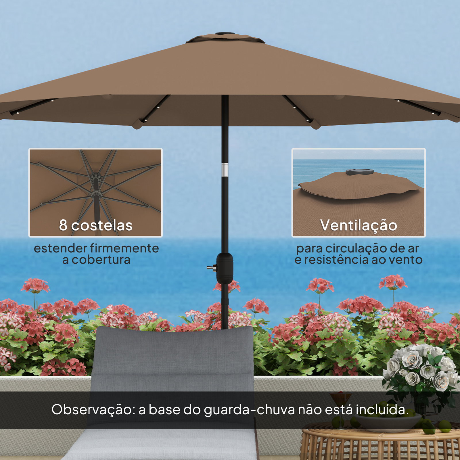Chapéu de sol com 32 luzes LED solares ø265 cm inclinável com manivela e mastro de aço para terraço pátio e exterior cáqui