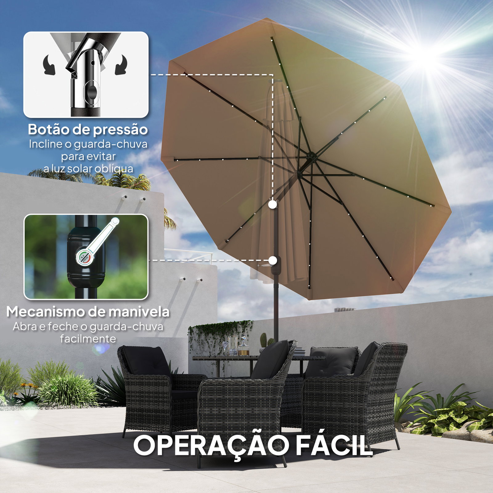 Chapéu de sol com 32 luzes LED solares ø265 cm inclinável com manivela e mastro de aço para terraço pátio e exterior cáqui