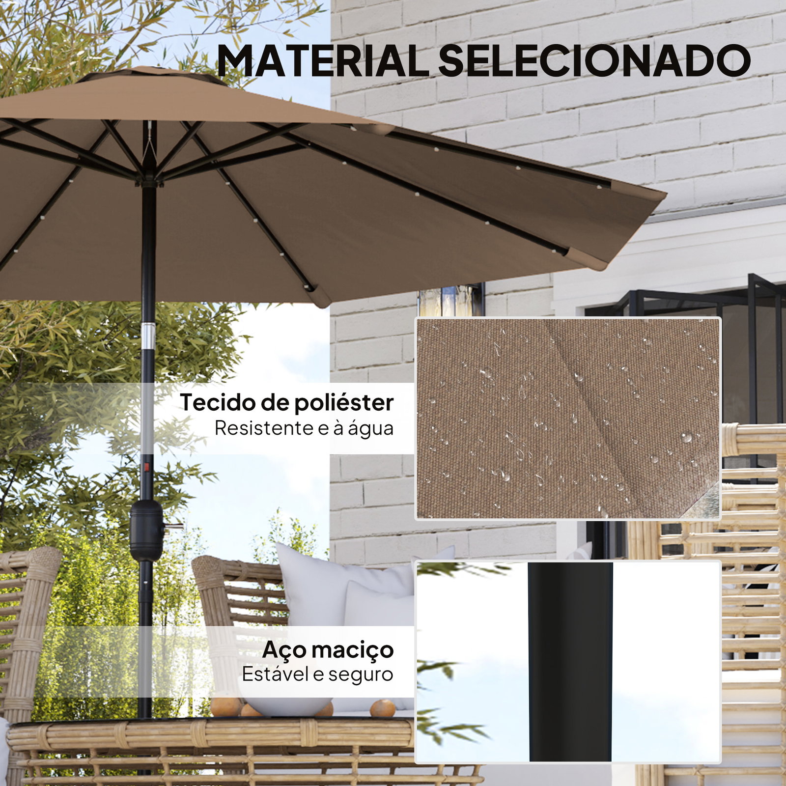 Chapéu de sol com 32 luzes LED solares ø265 cm inclinável com manivela e mastro de aço para terraço pátio e exterior cáqui