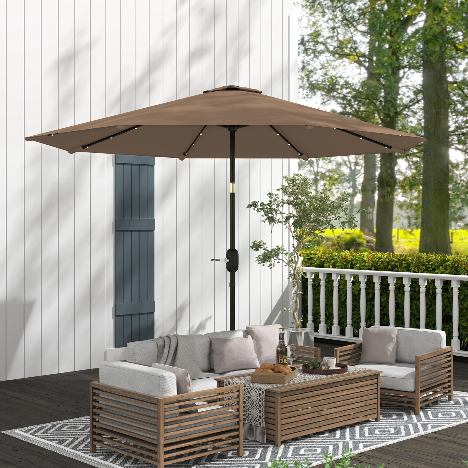 Chapéu de sol com 32 luzes LED solares ø265 cm inclinável com manivela e mastro de aço para terraço pátio e exterior cáqui