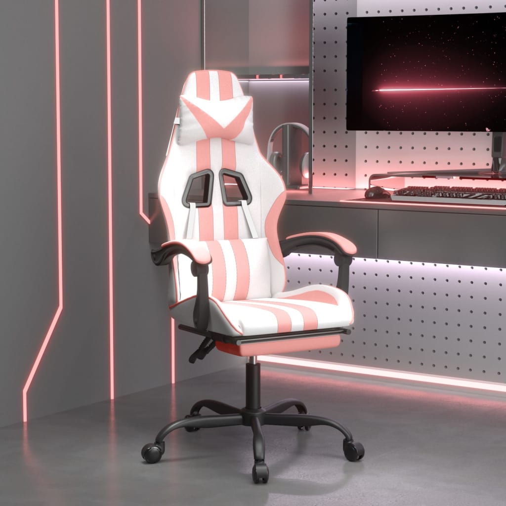 Cadeira gaming com apoio p/ pés couro artificial branco e rosa