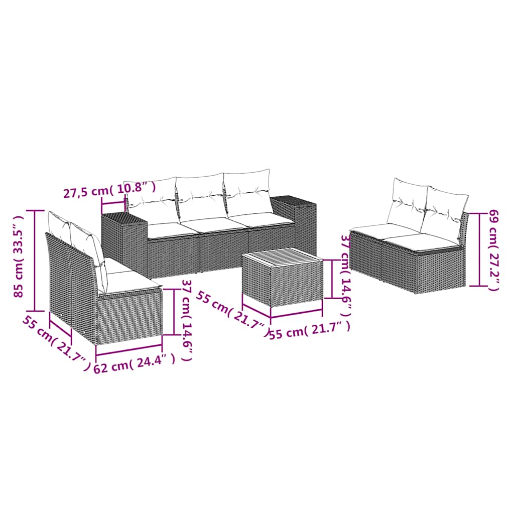 8 Pcs conjunto de sofás p/ jardim com almofadões vime PE bege