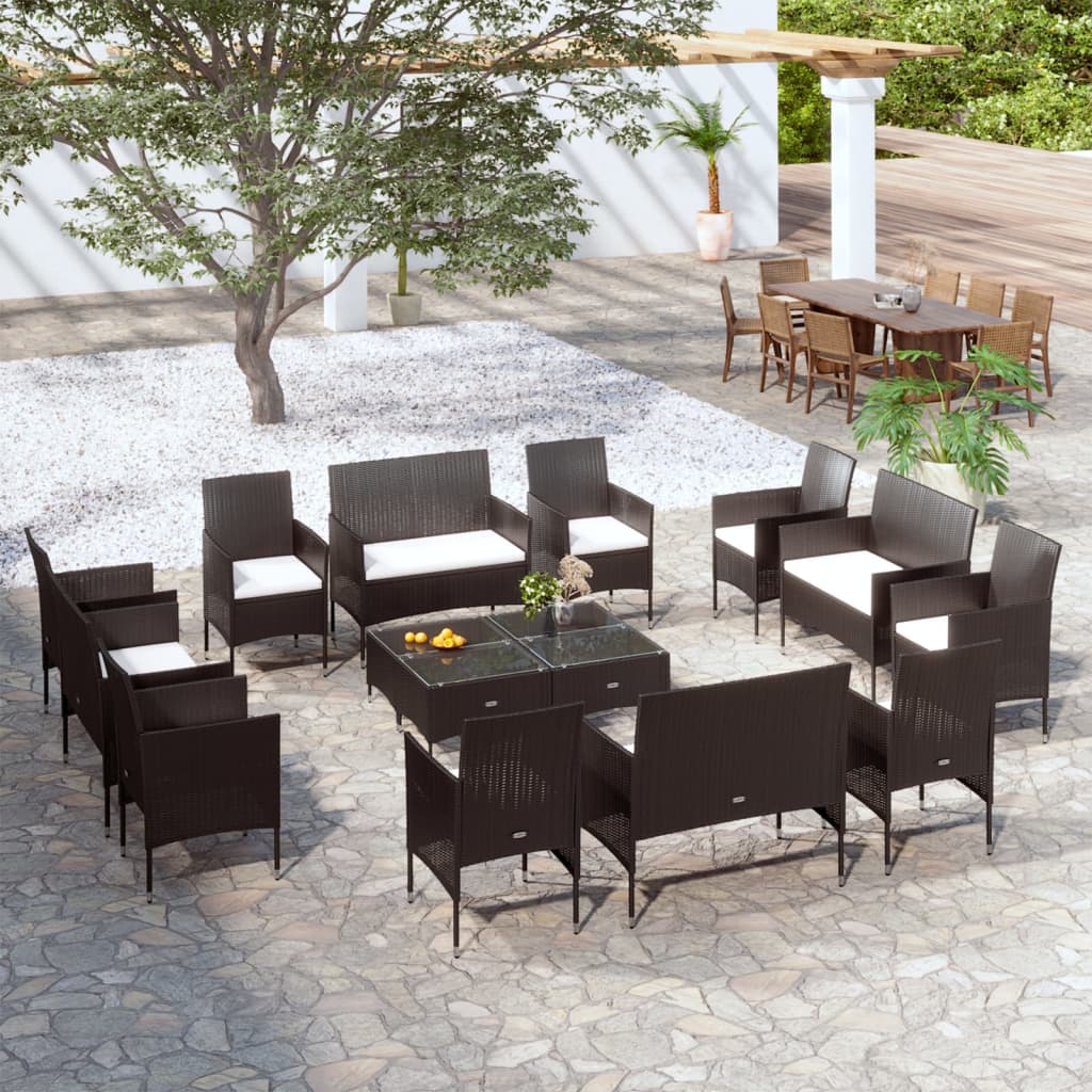 16 Pcs conjunto lounge de jardim c/ almofadões vime PE preto