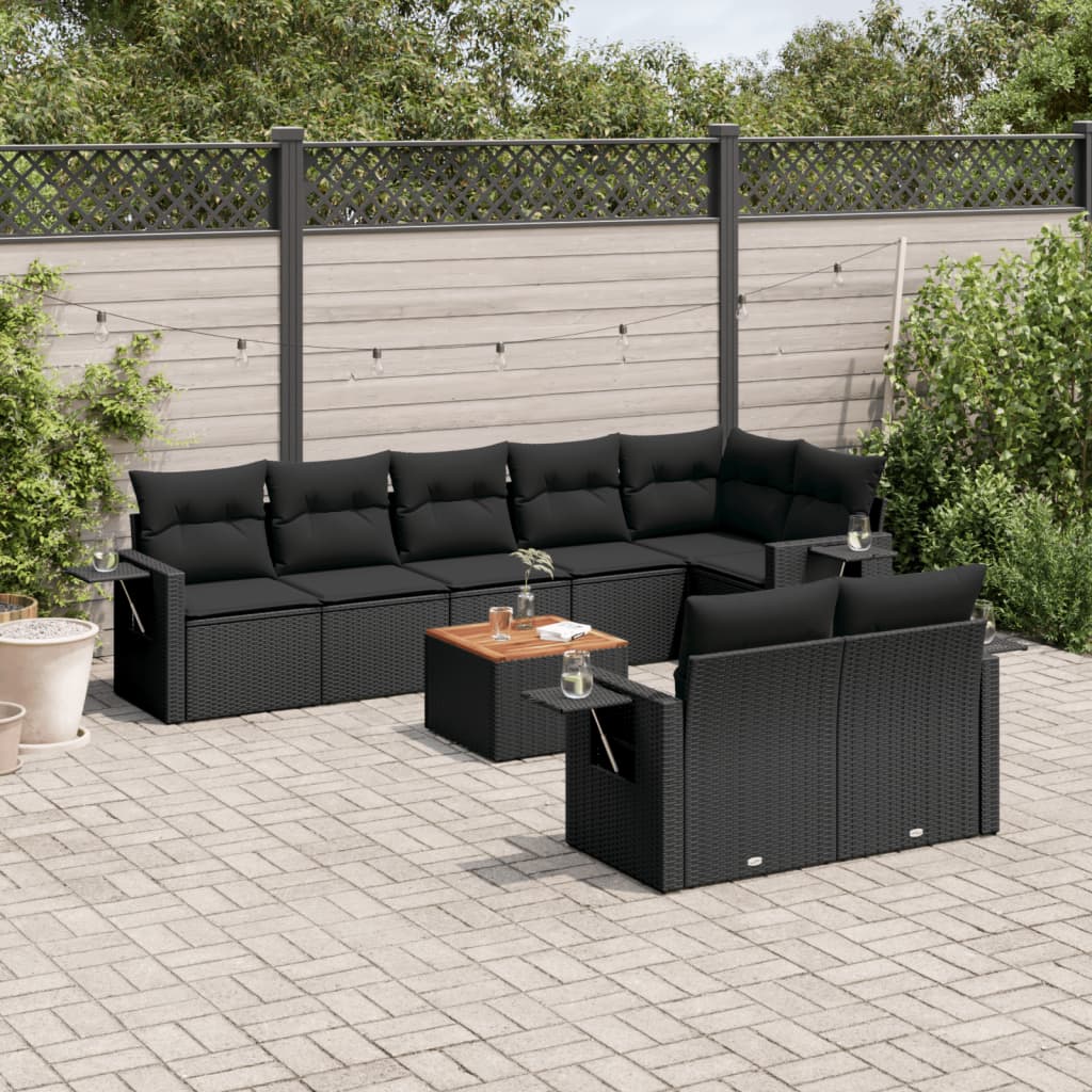 9 Pcs conjunto de sofás p/ jardim c/ almofadões vime PE preto