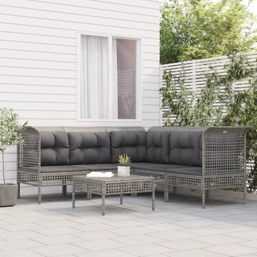 6 Pcs conjunto lounge de jardim c/ almofadões vime PE cinzento