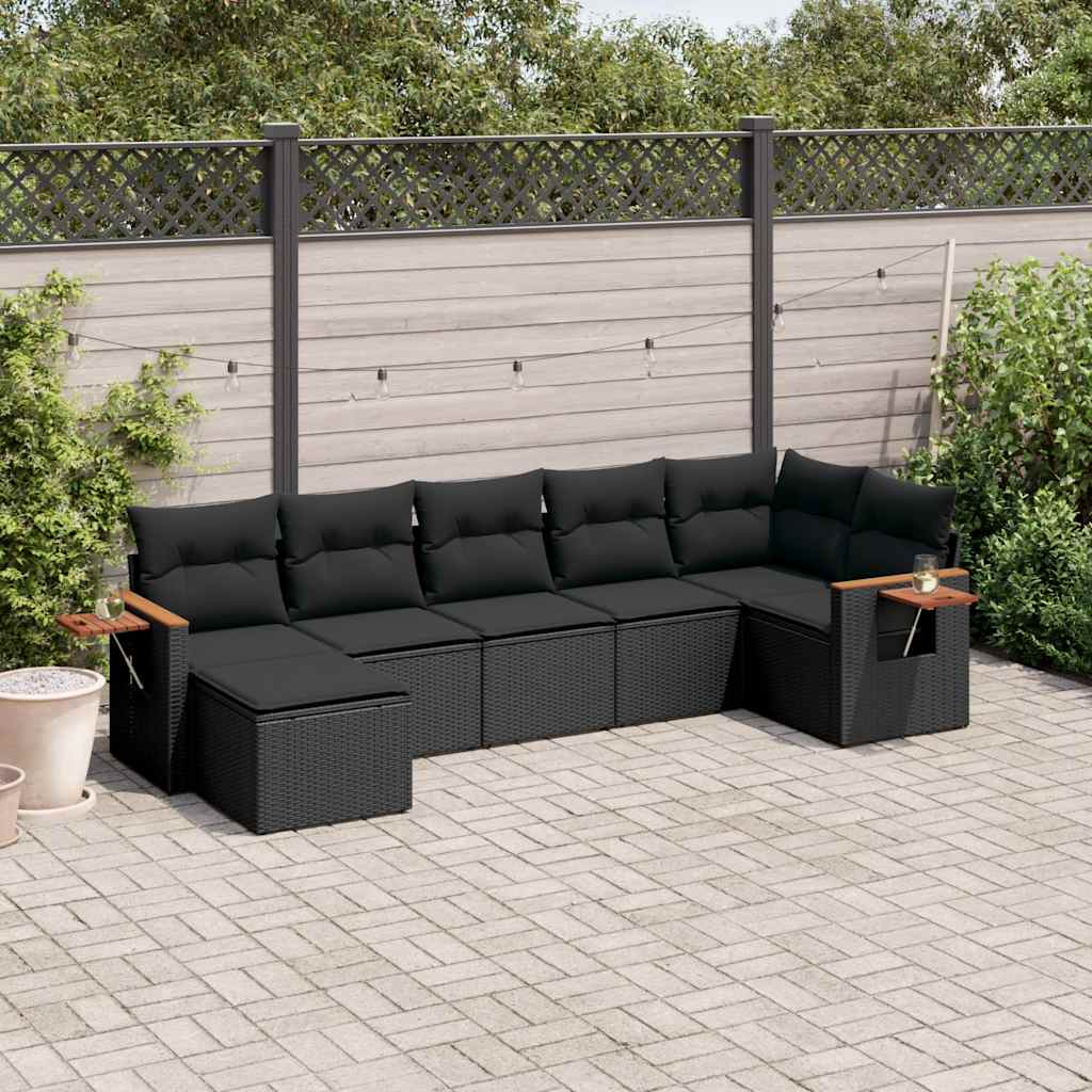 7 Pcs conjunto de sofás p/ jardim c/ almofadões vime PE preto
