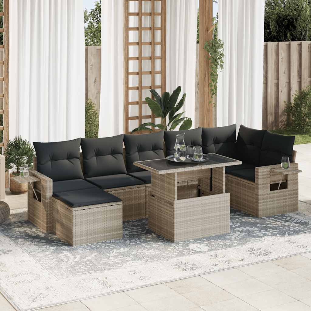 8 Pcs conj. sofás jardim c/ almofadões vime PE cinzento-claro