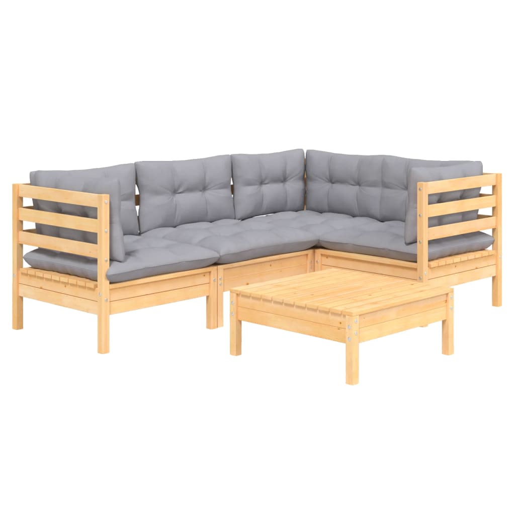 5 Pcs conjunto lounge de jardim c/ almofadões cinza pinho
