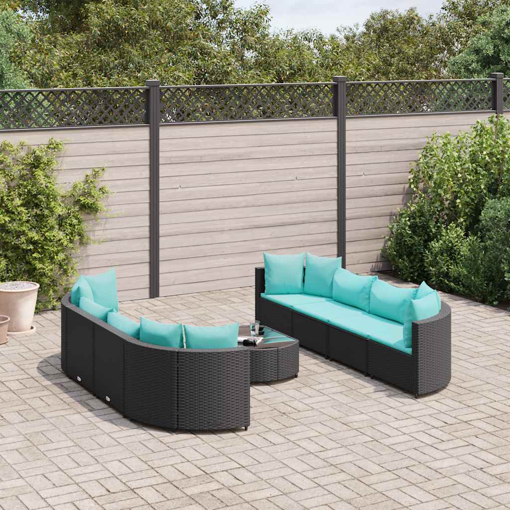 9 Pcs conjunto de sofás p/ jardim c/ almofadões vime PE preto