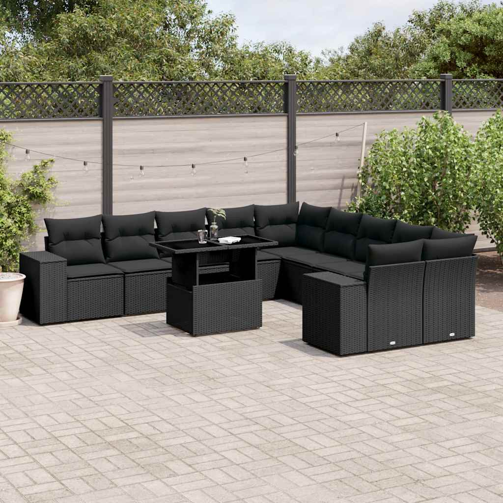 11 Pcs conjunto sofás de jardim c/ almofadões vime PE preto