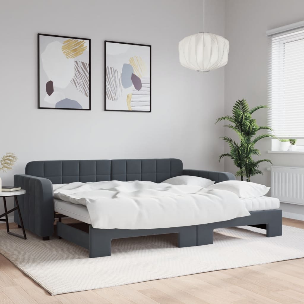 Sofá-cama c/ gavetão e colchões 90x200cm veludo cinzento-escuro