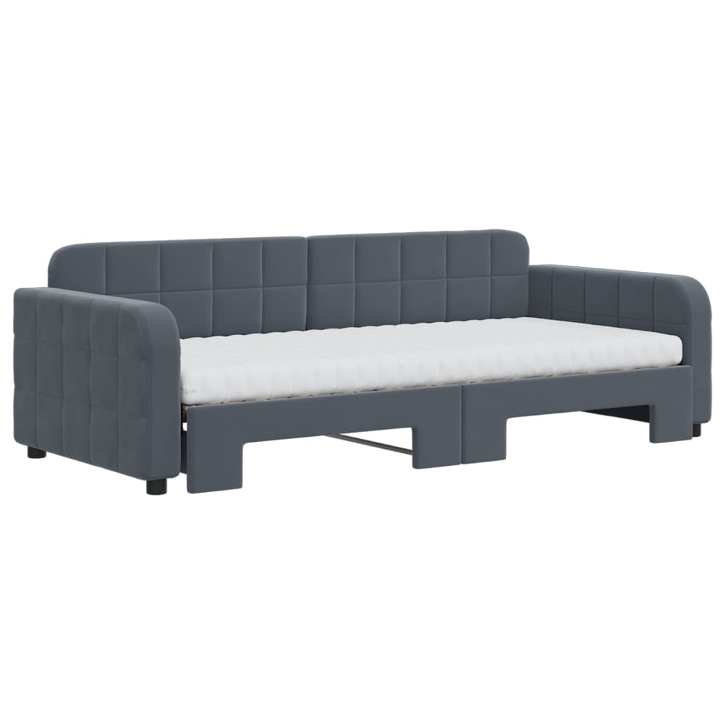 Sofá-cama c/ gavetão e colchões 90x200cm veludo cinzento-escuro