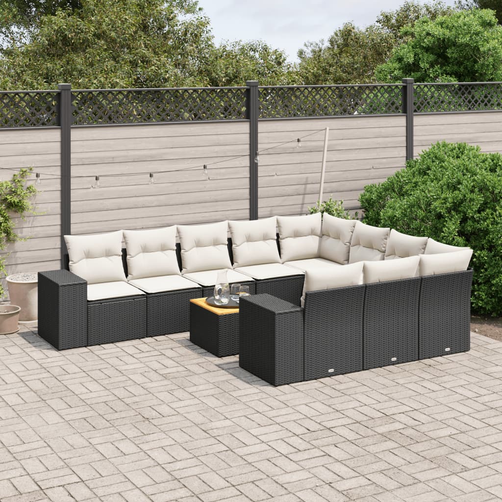 11 Pcs conjunto sofás de jardim c/ almofadões vime PE preto