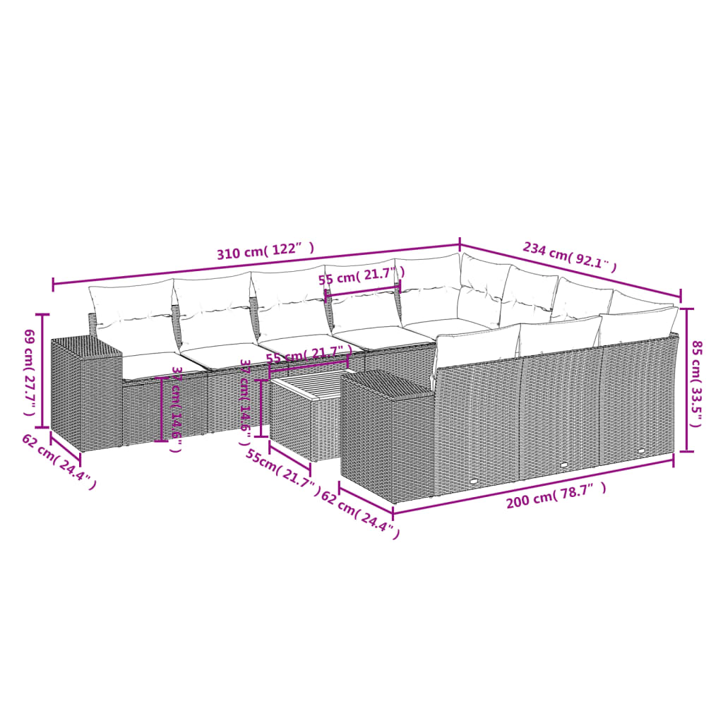 11 Pcs conjunto sofás de jardim c/ almofadões vime PE preto
