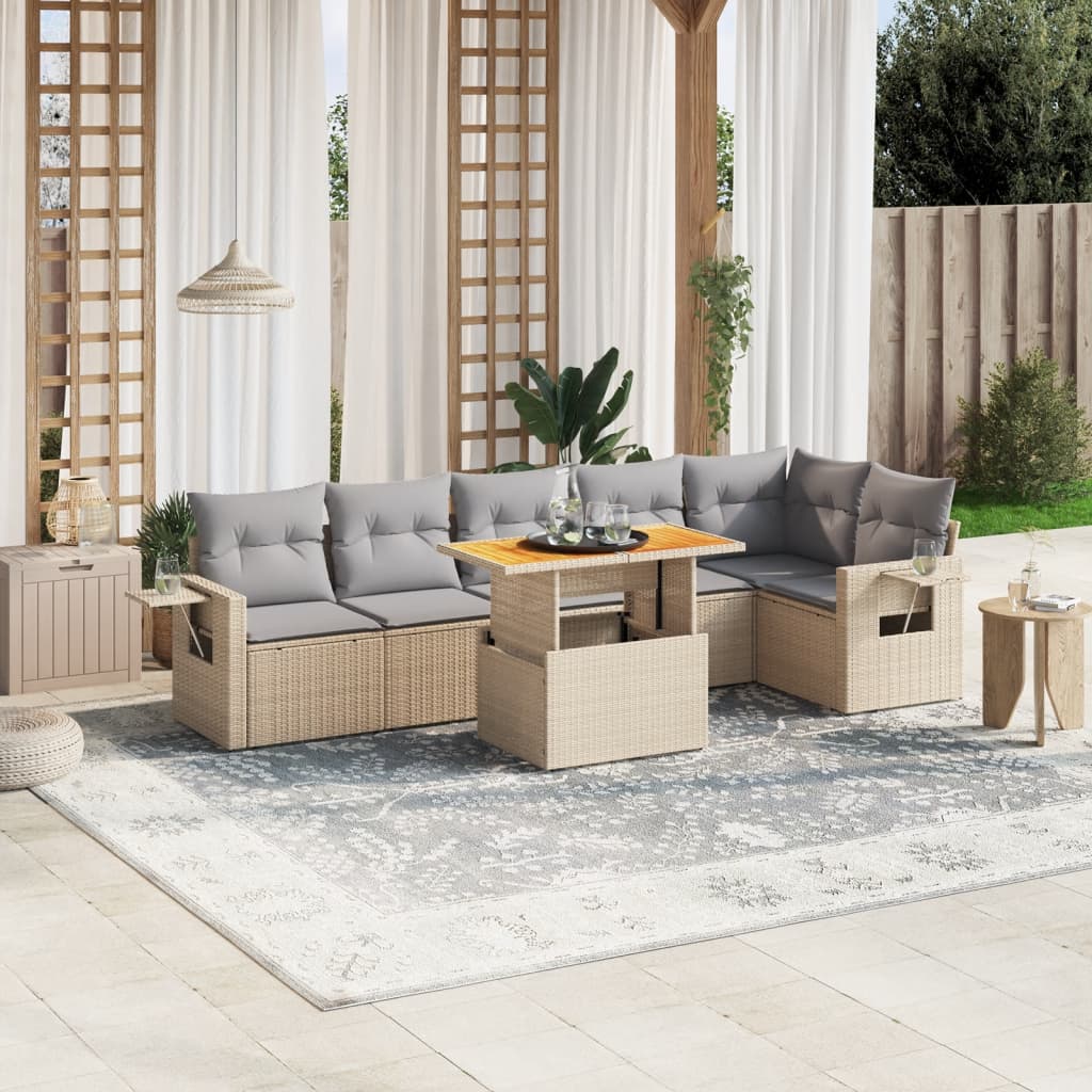 7 Pcs conjunto de sofás p/ jardim com almofadões vime PE bege