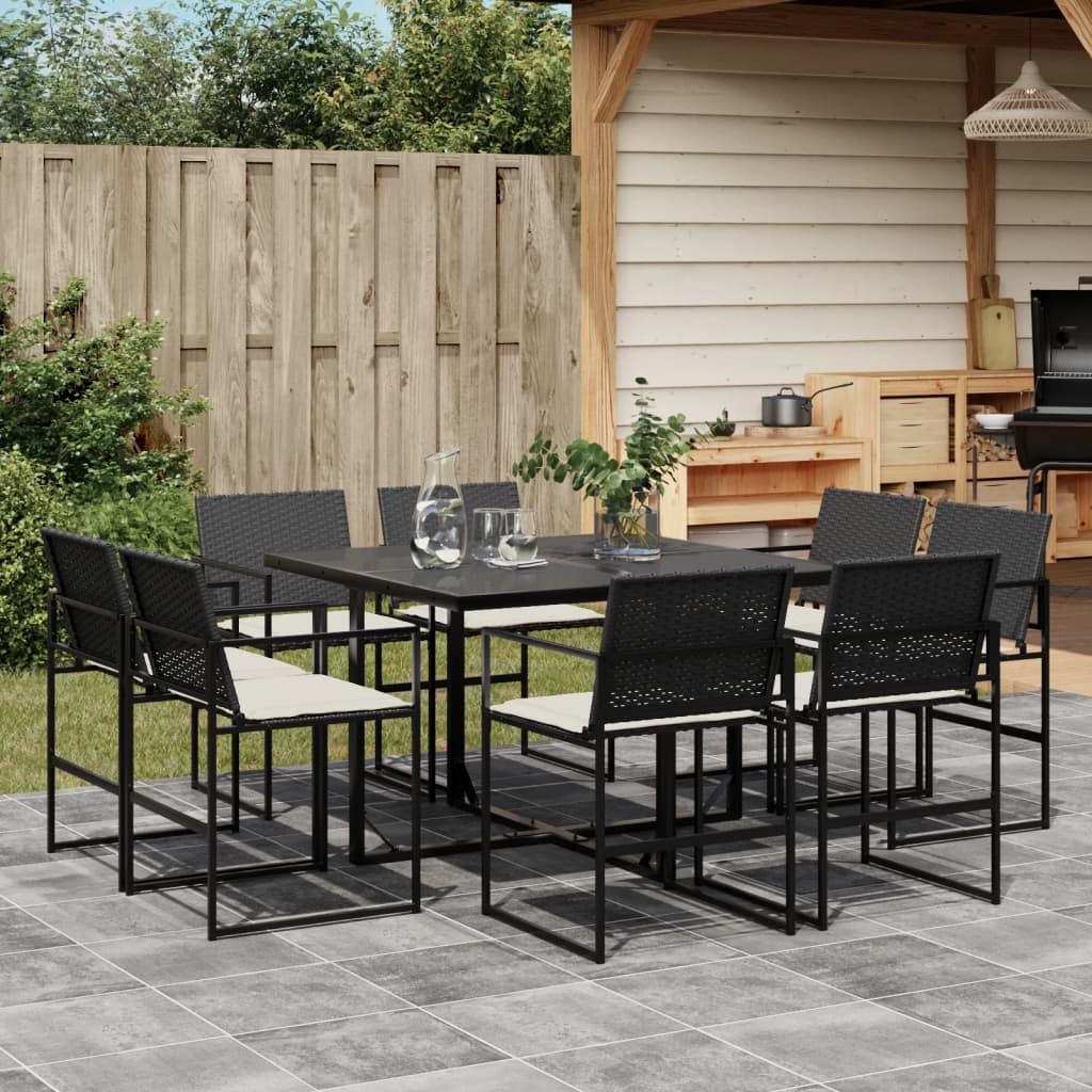 9 Pcs conjunto de jantar p/ jardim c/ almofadões vime PE preto