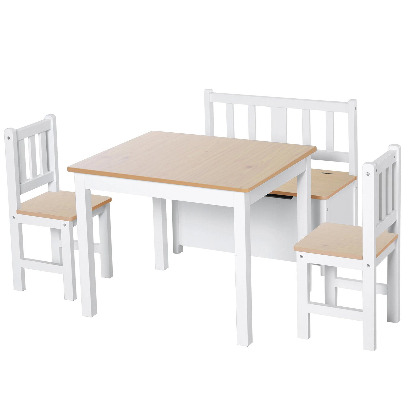 Conjunto infantil de mesa 2 cadeiras e banco com armazenamento móveis infantil para sala de jogos dormitório branco e natural