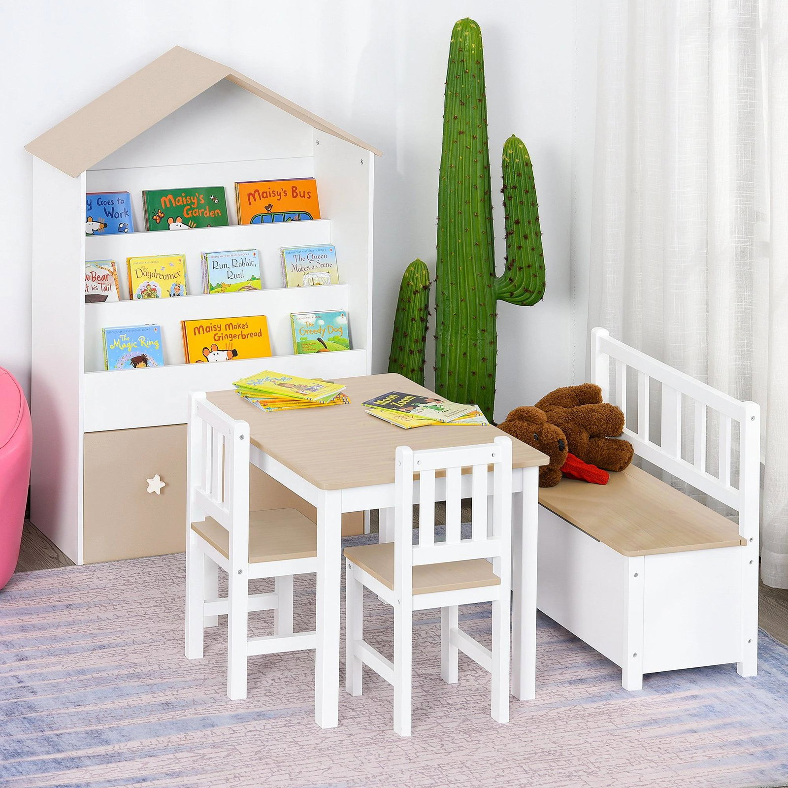 Conjunto infantil de mesa 2 cadeiras e banco com armazenamento móveis infantil para sala de jogos dormitório branco e natural