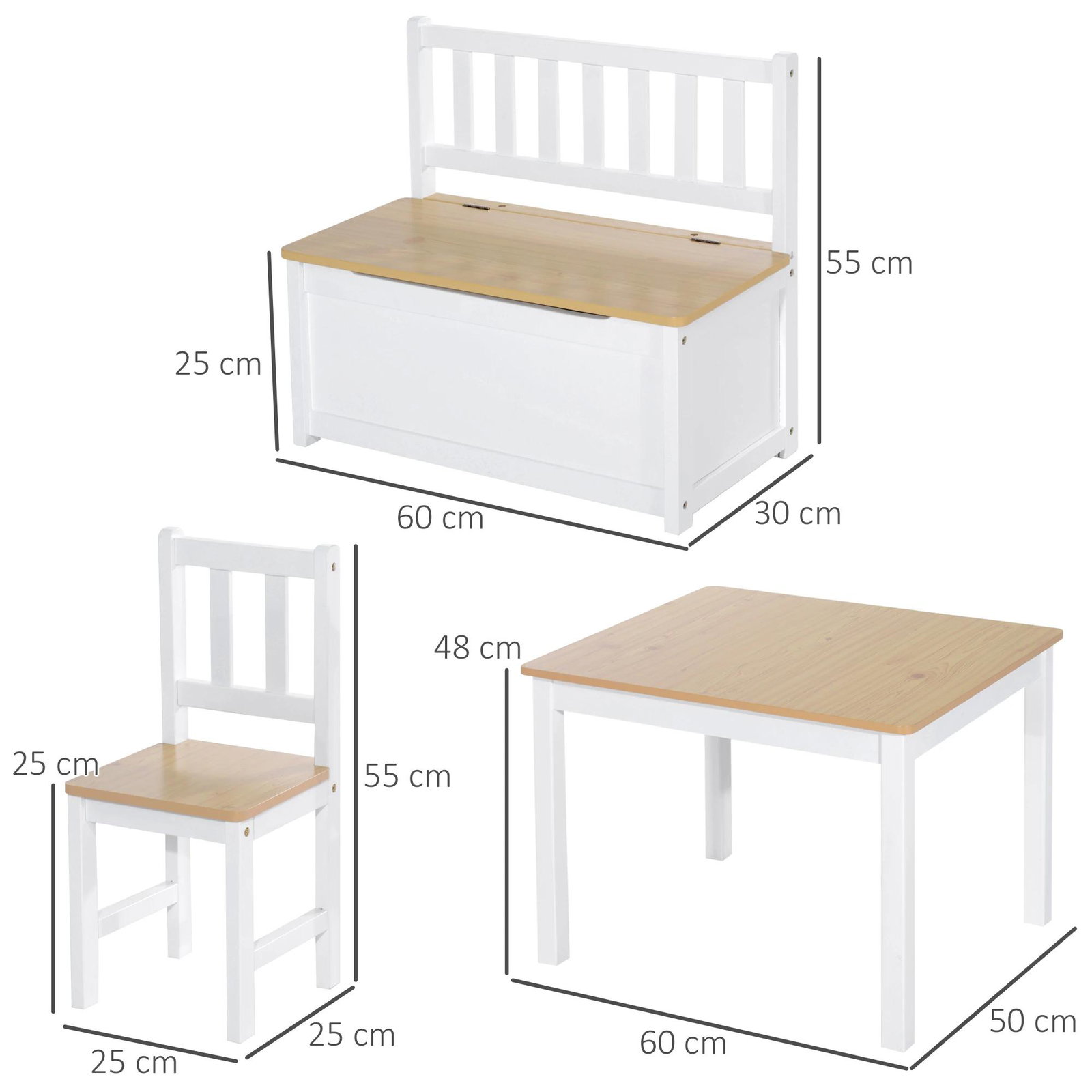Conjunto infantil de mesa 2 cadeiras e banco com armazenamento móveis infantil para sala de jogos dormitório branco e natural
